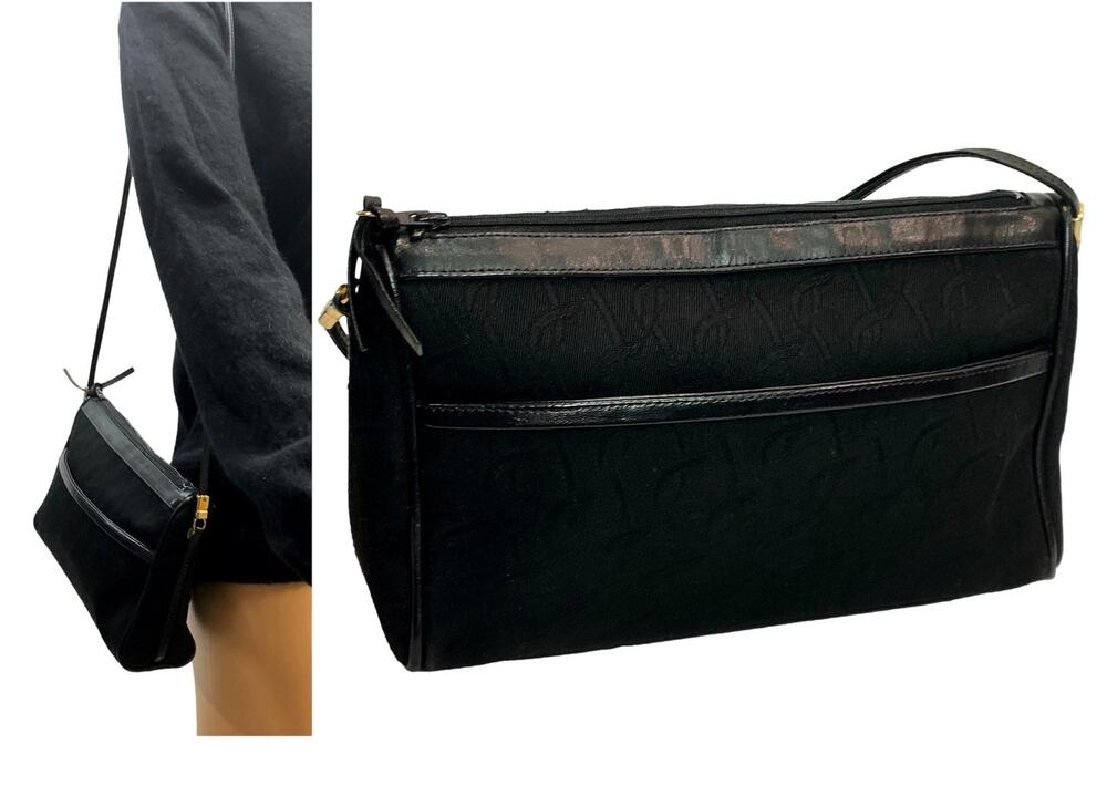 Vintage Lou Taylor Black Signature Fabric Shoulder Bag Leather Trim | Small